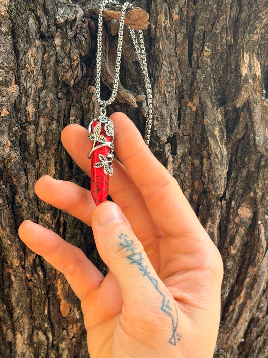 Red Howlite Point Pendant with Silver Leaf Wrap