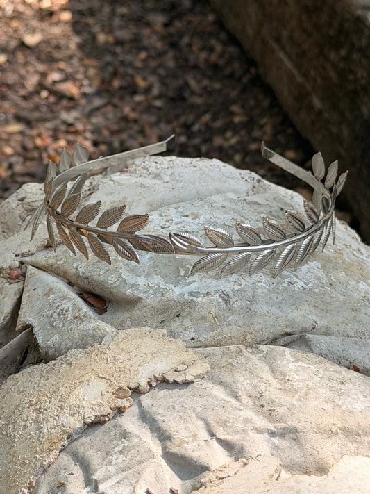 Greek Laurel Leaf Headband – Silver Tone