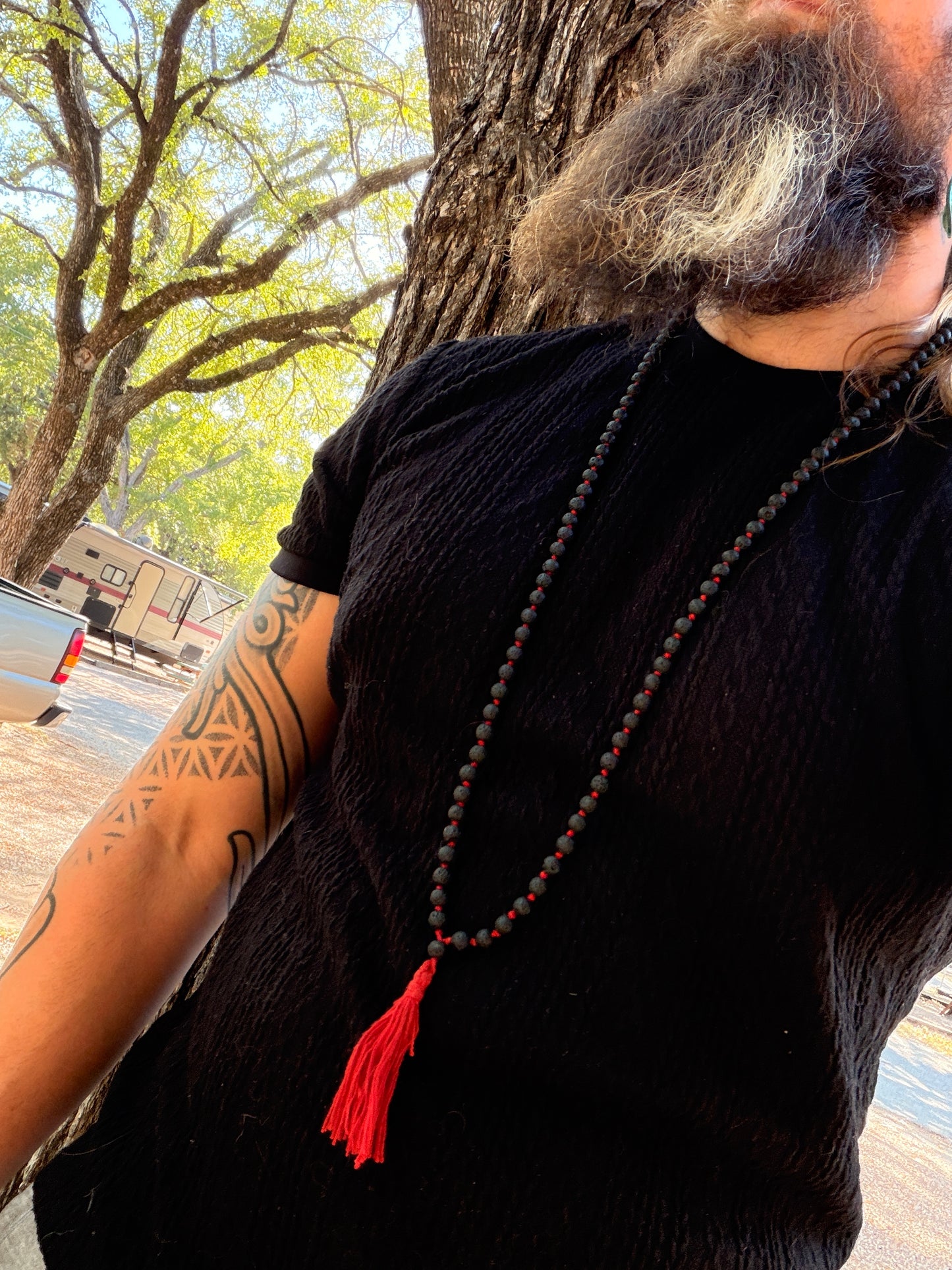 Lava Stone Mala Necklace with Red Tassel