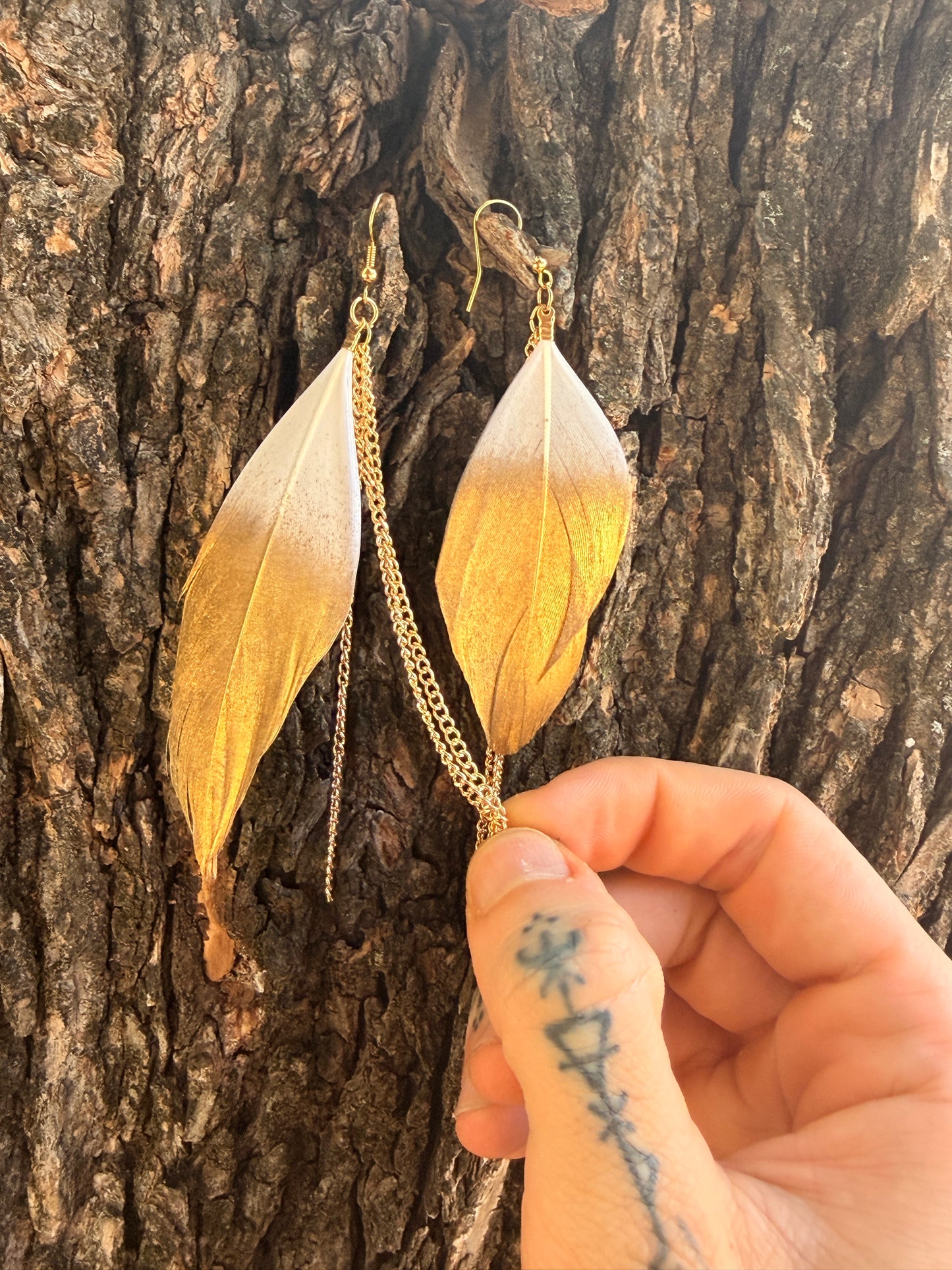 Gold-Dipped Feather Earrings with Chain