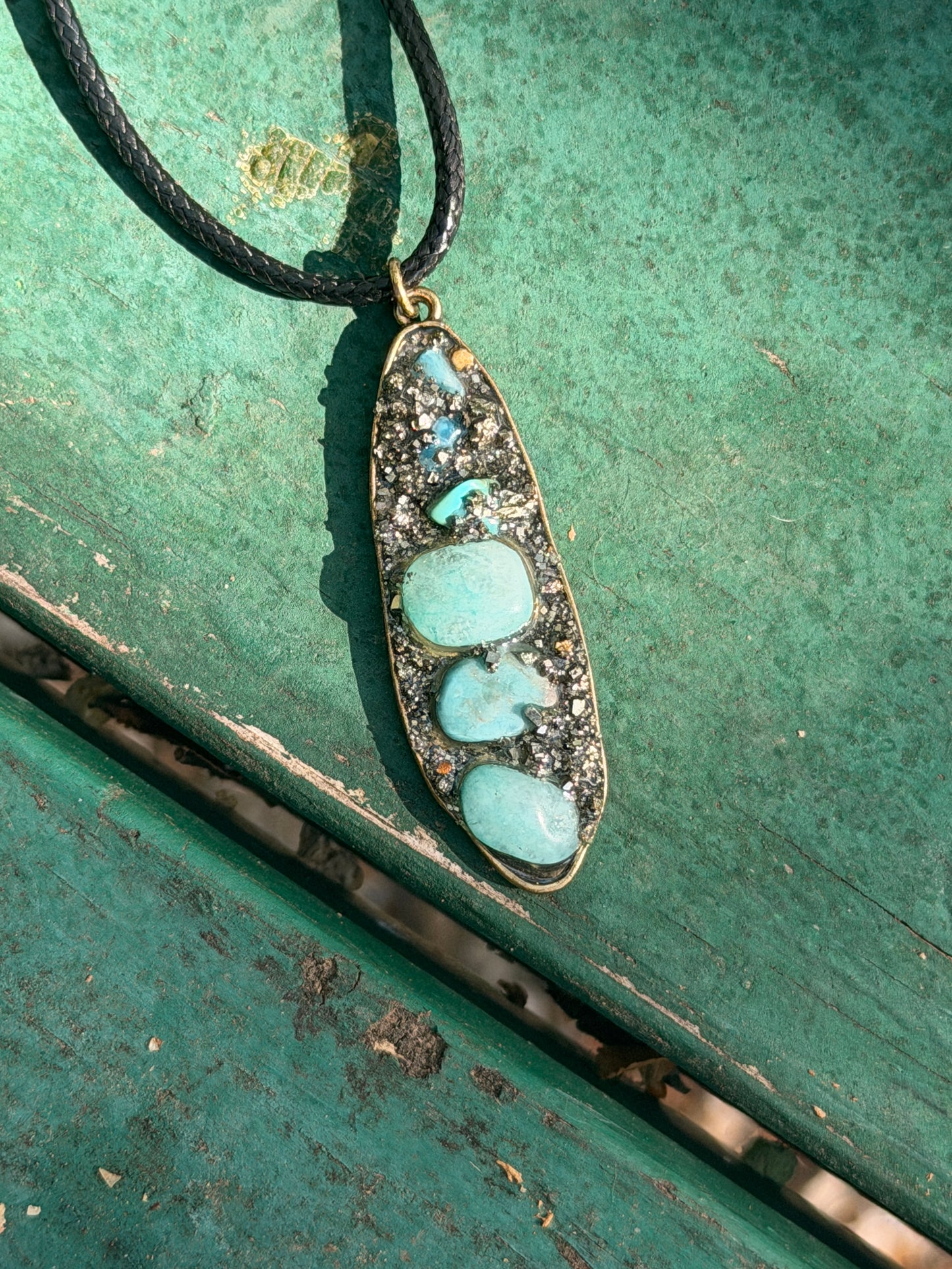 Amazonite & Pyrite Pendant on Black Cord