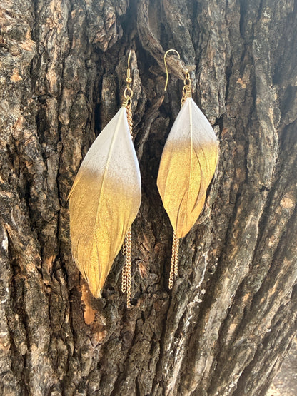 Gold-Dipped Feather Earrings with Chain