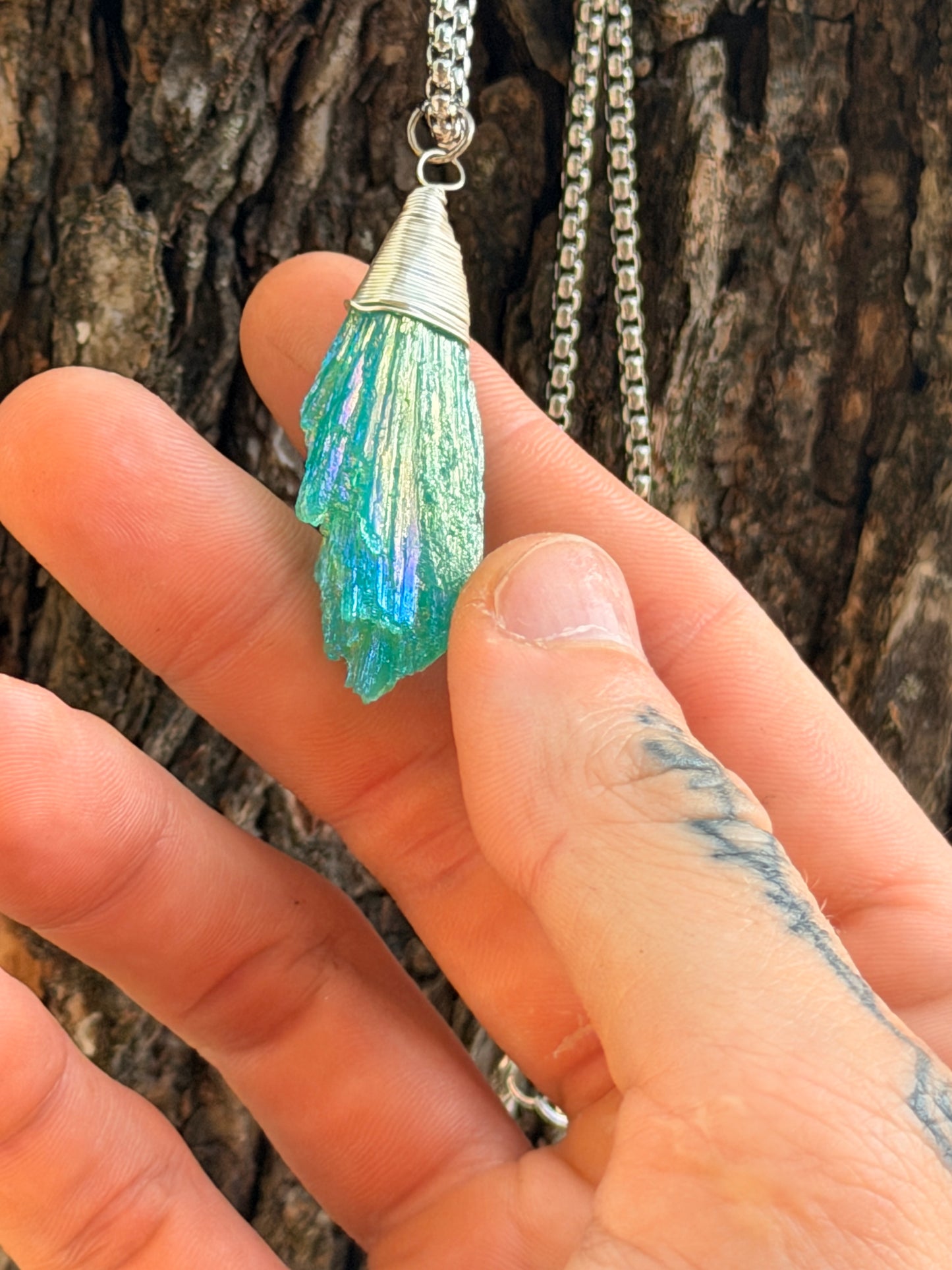 Rainbow Aura Kyanite Point Pendant