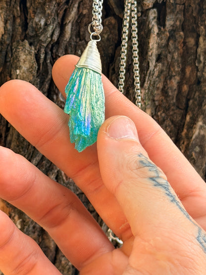 Rainbow Aura Kyanite Point Pendant