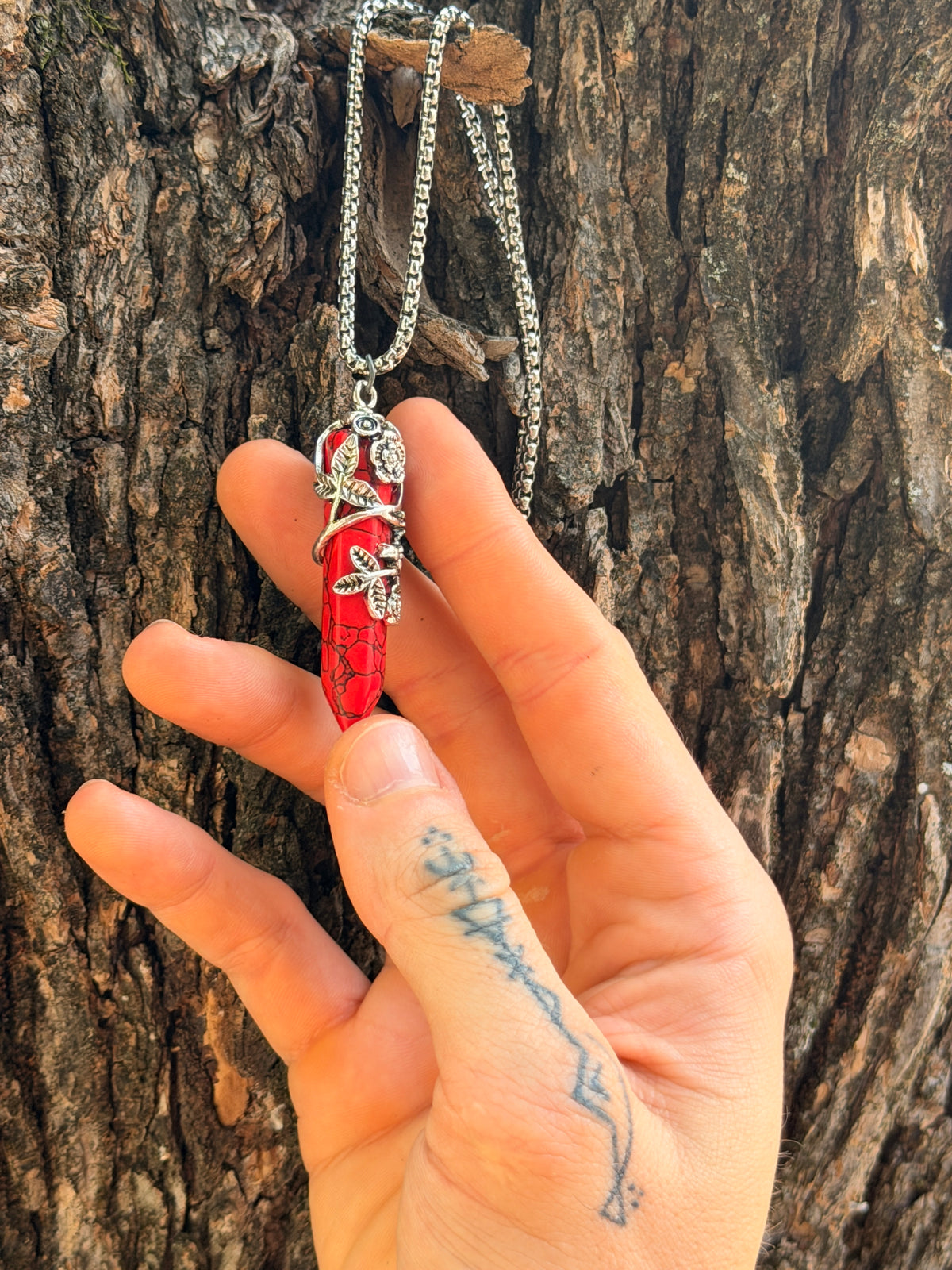 Red Howlite Point Pendant with Silver Leaf Wrap