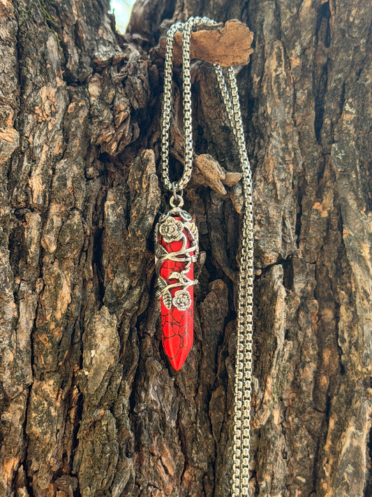 Red Howlite Point Pendant with Silver Leaf Wrap