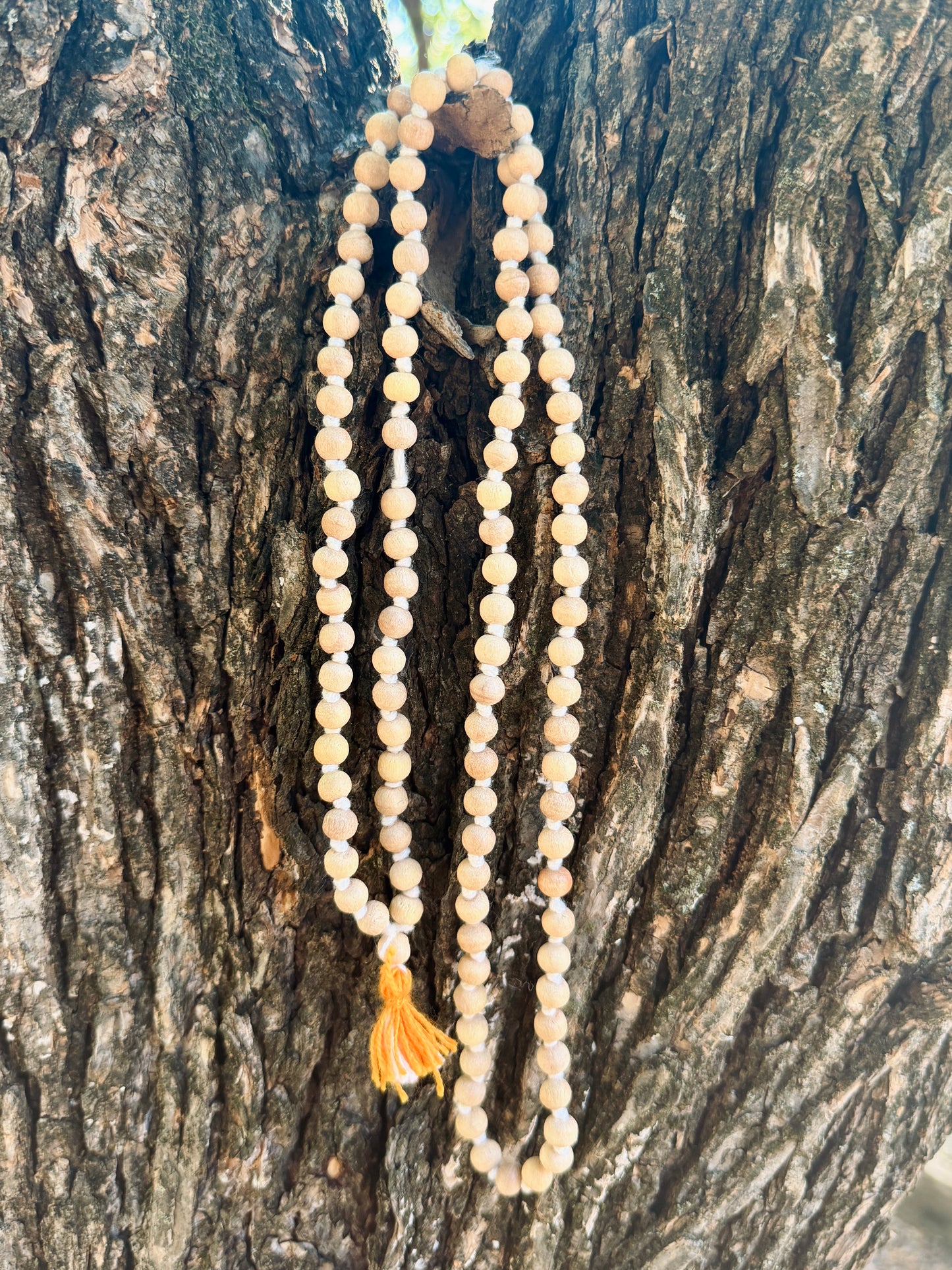 Wooden Mala Necklace with Saffron Tassel