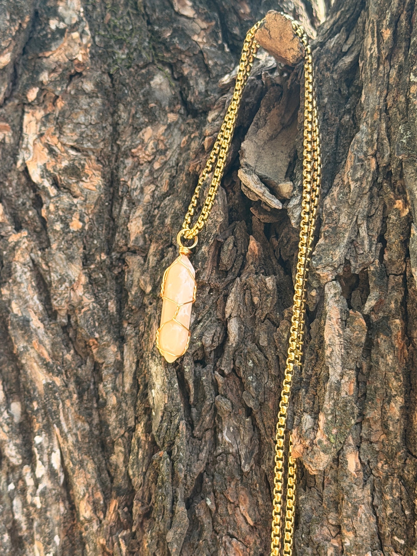 Peach Moonstone Point Pendant – Gold Wire Wrapped