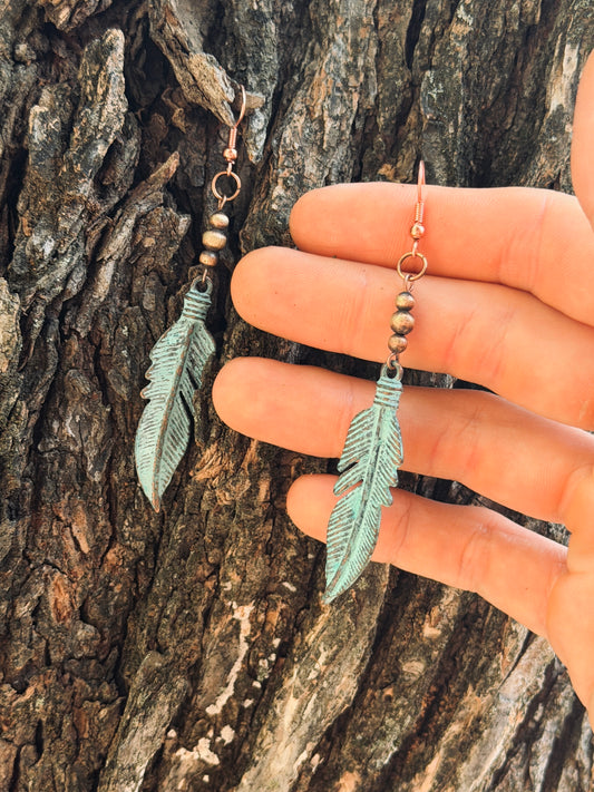 Patina Copper Feather Earrings
