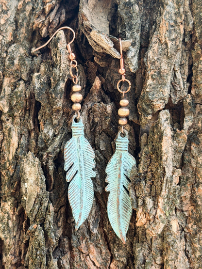 Patina Copper Feather Earrings