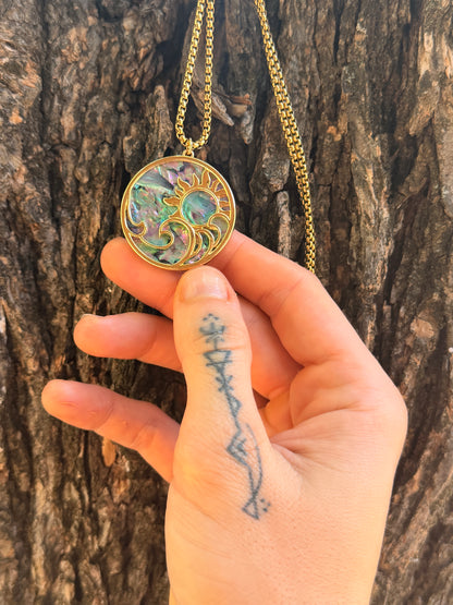 Abalone Shell Sun & Wave Pendant – Gold Tone