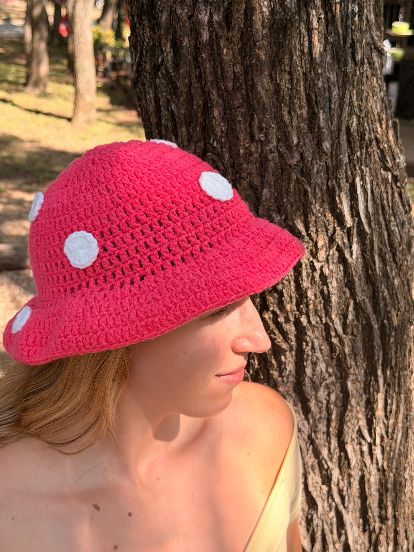 Crochet Mushroom Bucket Hat – Pink & White