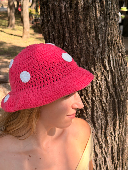 Crochet Mushroom Bucket Hat – Pink & White