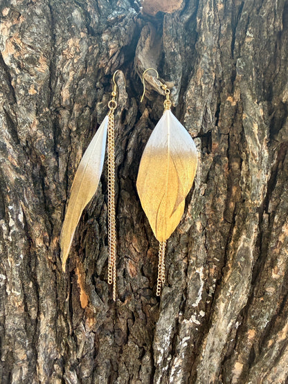 Gold-Dipped Feather Earrings with Chain