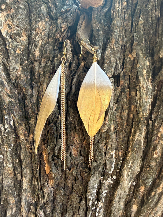 Gold-Dipped Feather Earrings with Chain