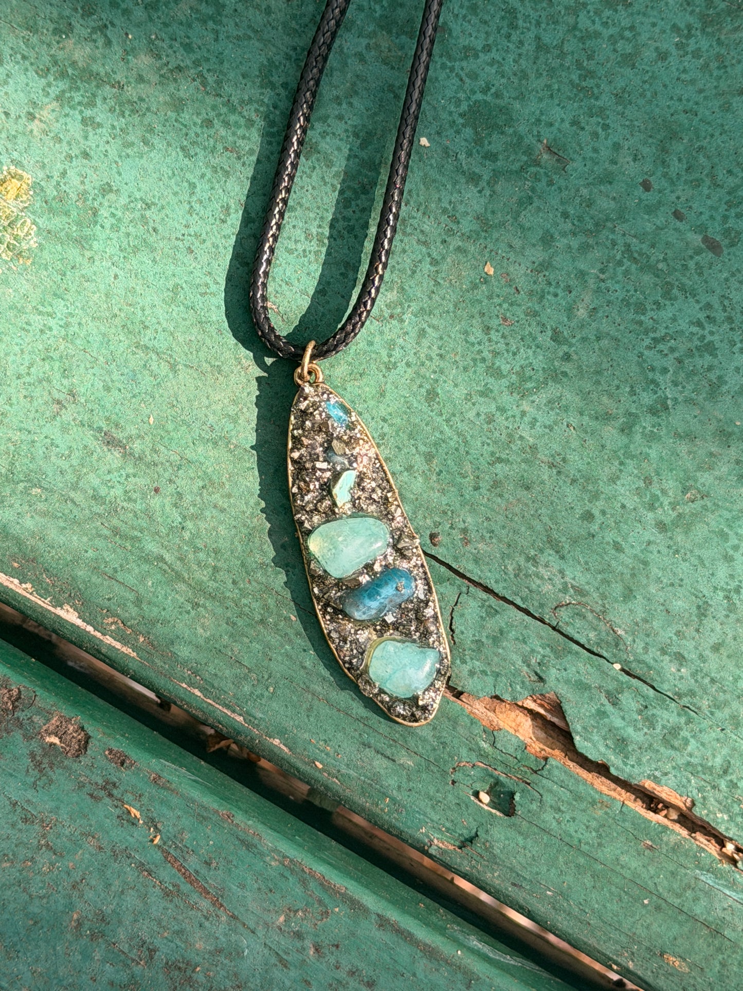 Amazonite & Pyrite Pendant on Black Cord