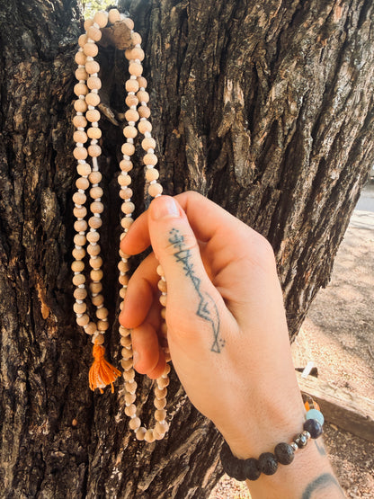 Wooden Mala Necklace with Saffron Tassel
