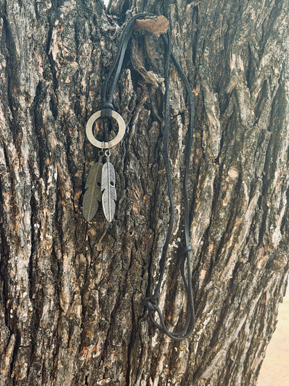 Antique Silver Feather Pendant on Leather Cord