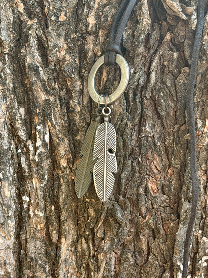 Antique Silver Feather Pendant on Leather Cord