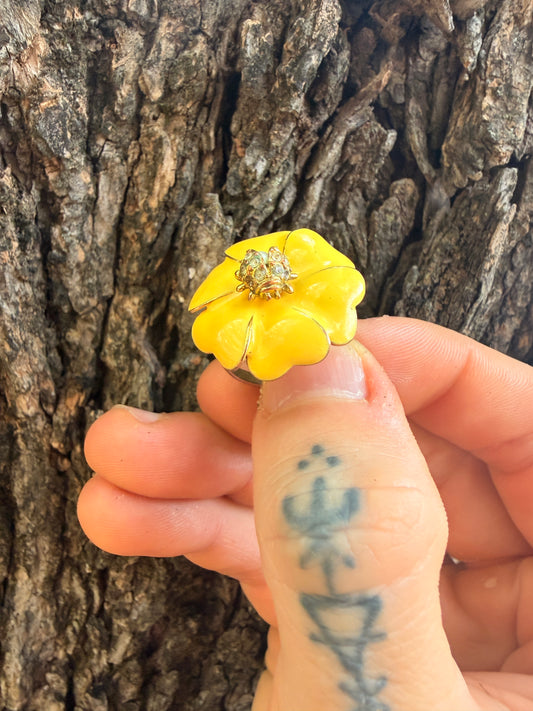 Yellow Enamel Flower Ring with Ladybug – Adjustable