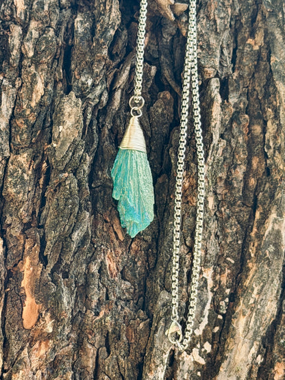 Rainbow Aura Kyanite Point Pendant