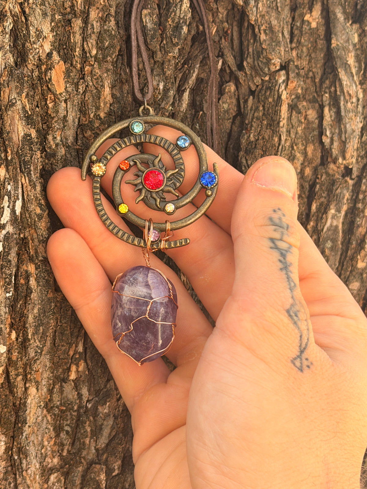 The Spiral Sun — Hand-Wrapped Amethyst Celestial Necklace