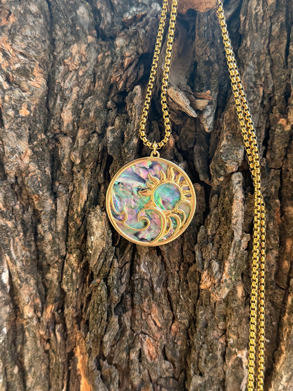 Abalone Shell Sun & Wave Pendant – Gold Tone