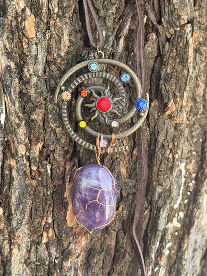 The Spiral Sun — Hand-Wrapped Amethyst Celestial Necklace