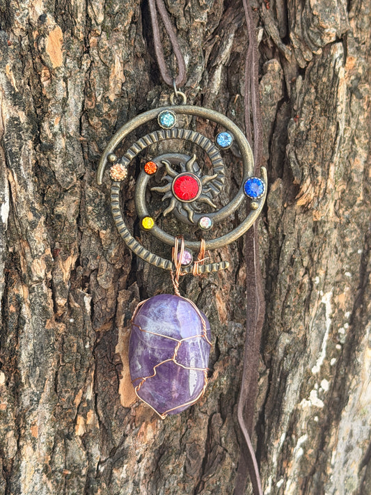The Spiral Sun — Hand-Wrapped Amethyst Celestial Necklace