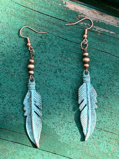Patina Copper Feather Earrings