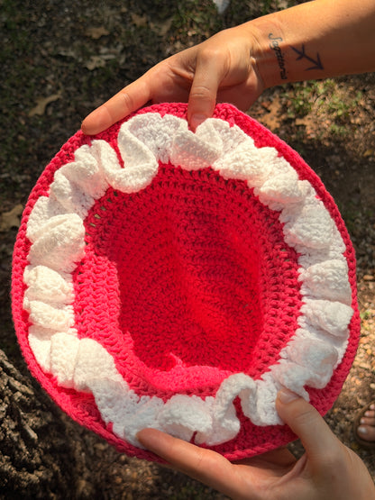 Crochet Mushroom Bucket Hat – Pink & White