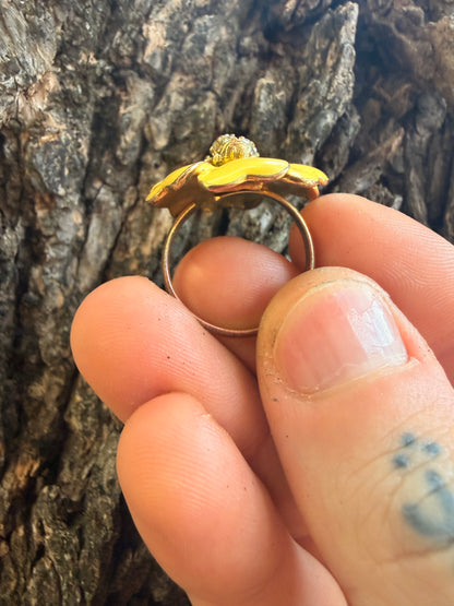 Yellow Enamel Flower Ring with Ladybug – Adjustable