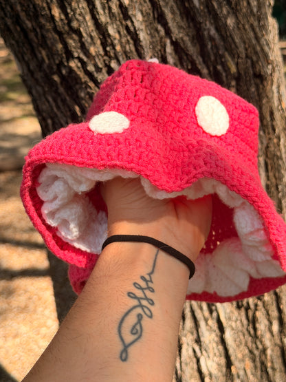 Crochet Mushroom Bucket Hat – Pink & White